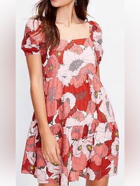 Loft Pink & Red Floral Poppy Tiered Babydoll  Square-Neck Tiered Dress Size 6